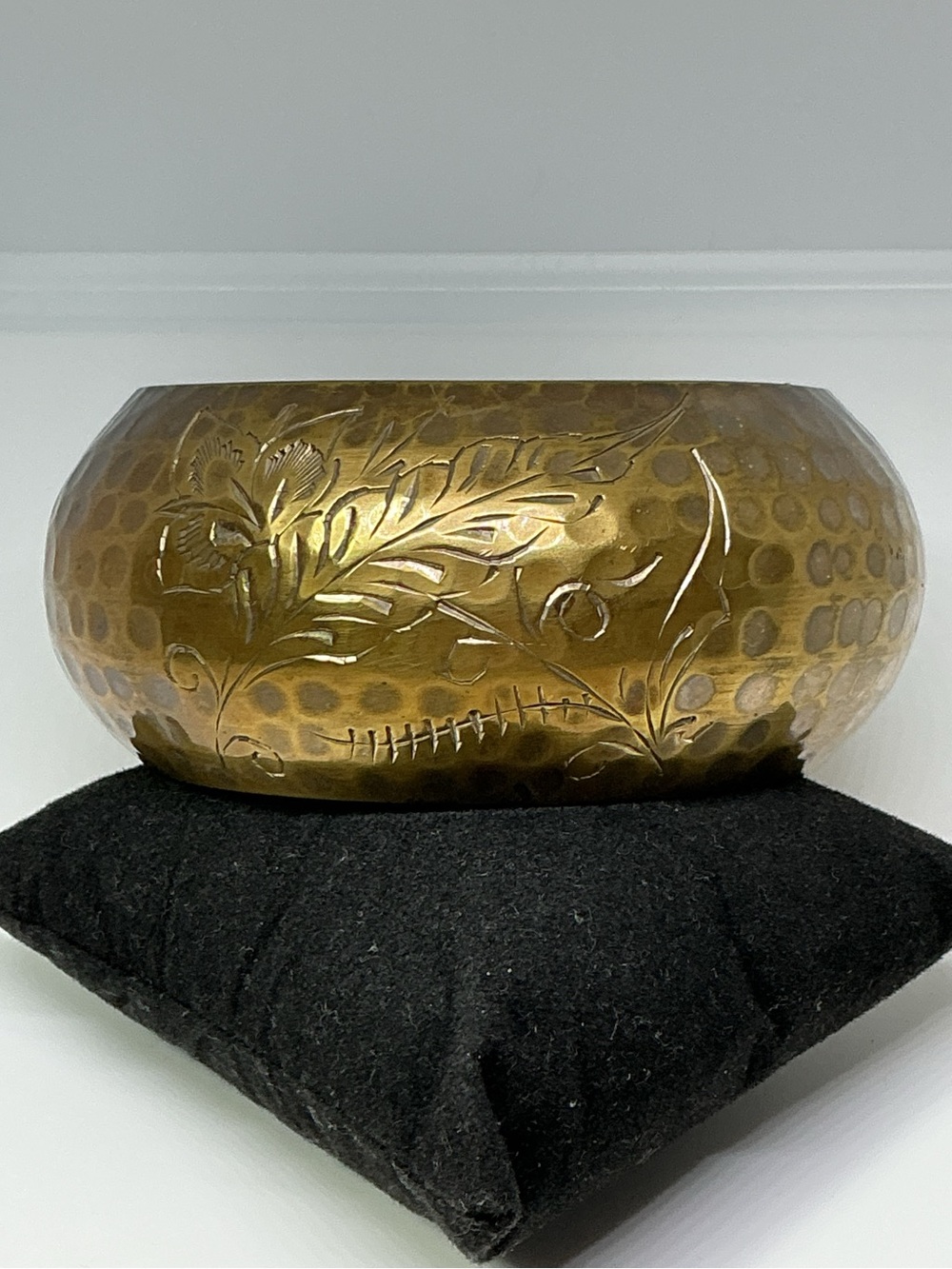 Vintage Hammered Brass Wide Cuff Bangle Bracelet Etched Thistle Floral Design
